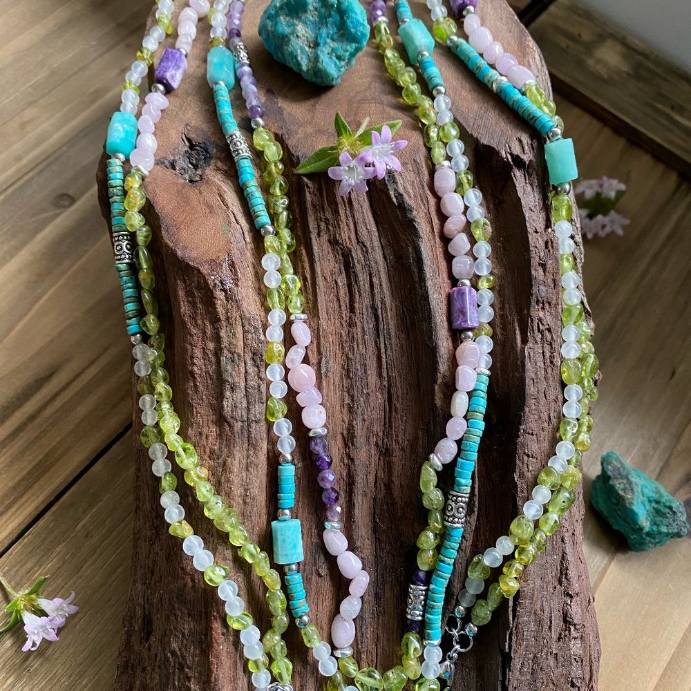 44" Long Multiple Strand Gemstone Necklace 925 Sterling Silver